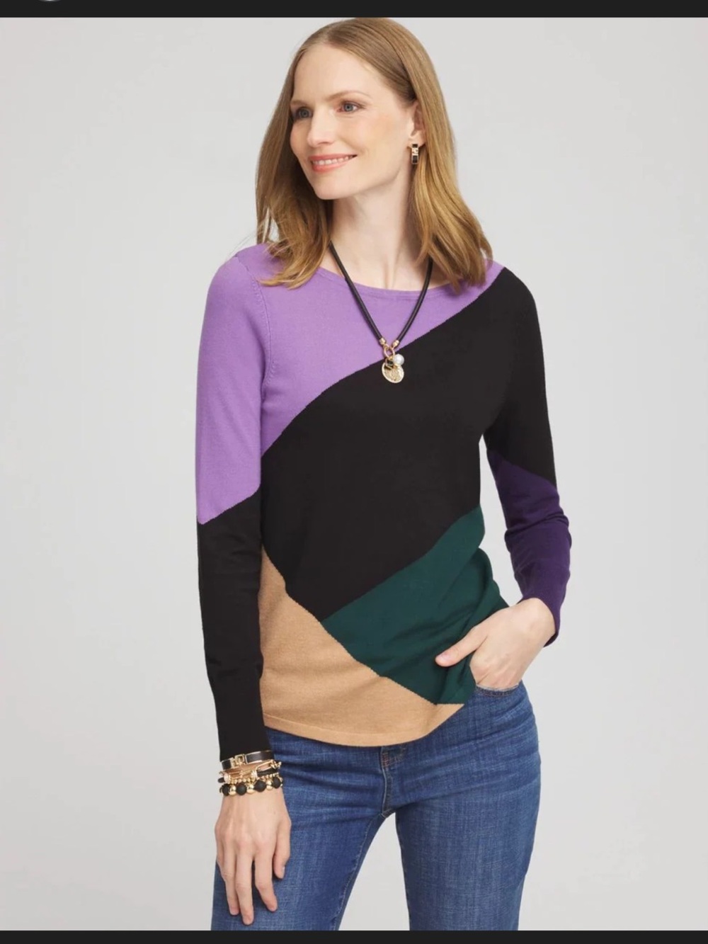 Chico's Diagonal Colorblock Bateau Sweater - Purple, Black, Green, Tan